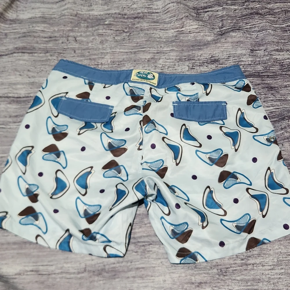 Mr. Swim‎ Blue Brown Design Swim Trunks Lined Beach Men's Size 34
